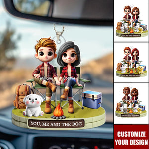 Camping Couple And Dogs Cats Personalized Acrylic Car Ornament