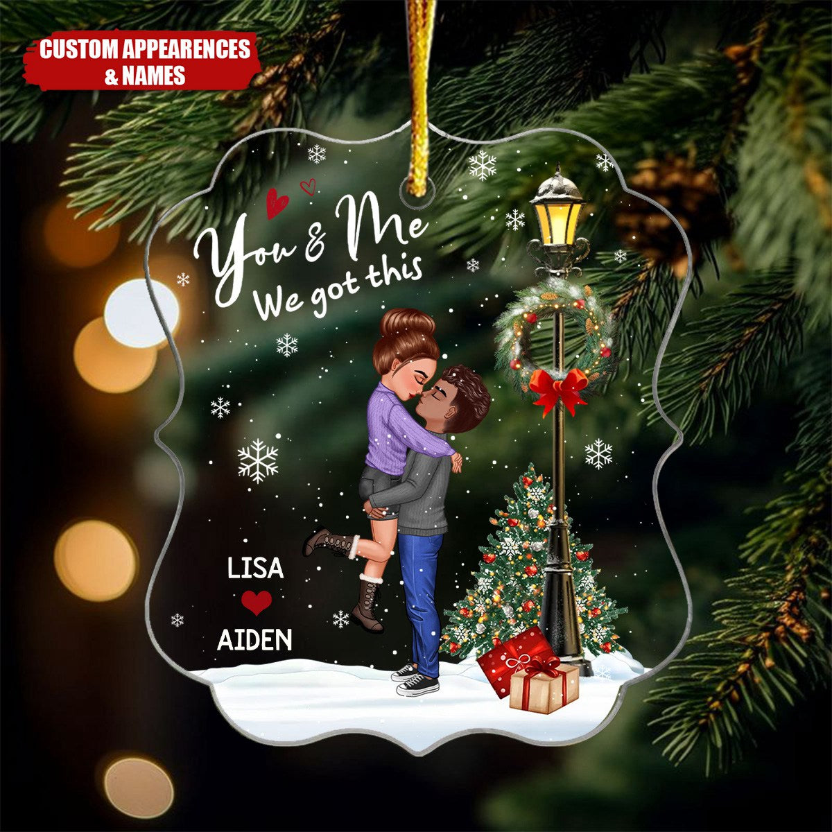 Winter Couple Hugging Kissing Snow Personalized Acrylic Ornament