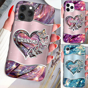 Personalized Phone Case Sparkling Grandma- Mom Heart Butterfly Kids, Multi Colors