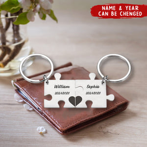 Puzzle Keychain Set Personalized 2 Names & Date Interlocking Keychain For Couple