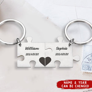 Puzzle Keychain Set Personalized 2 Names & Date Interlocking Keychain For Couple