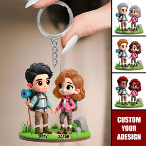 3D Cute Cartoon Hiking Couple Personalized Acrylic Keychain,Valentine's Day