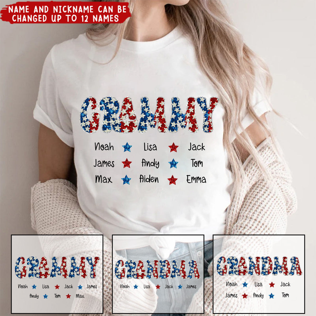 Sparkly 4th Of July Nickname Nana Grandma Personalized T-Shirt