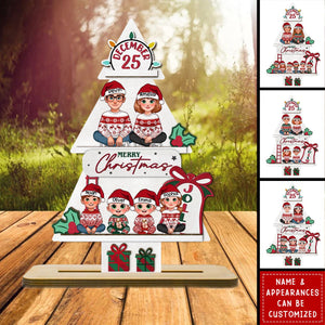 Pine Tree Christmas Family Sitting - Personalized 2-Layer Standing Wooden Plaque