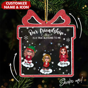 Our Friendship Is True Blessing Gift Shaped Personalized Shaker Ornament - Christmas Gift For Friends