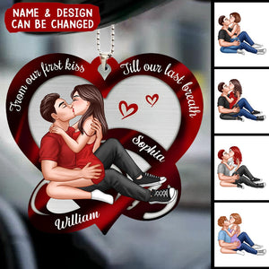 Couple Kissing Red Heart Rings Personalized Car Ornament