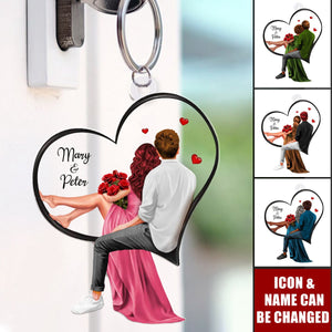 Couple Sitting On Heart Personalized Acrylic Keychain - Valentine's Day, Anniversary Gift for Couples