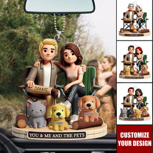 Camping Couple You Me And The Dog Cats - Personalized Acrylic Car Ornament