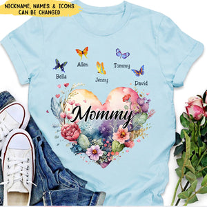 Heart Floral With Little Butterflies Personalized T-Shirt, Gift For Grandma Mom