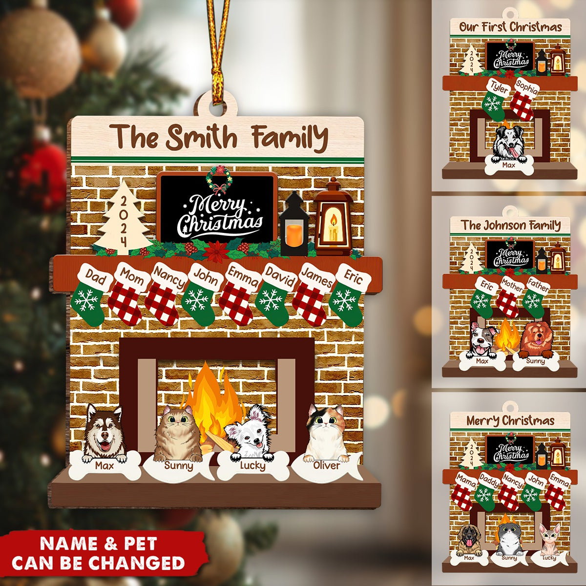 Personalized Wooden Family Christmas Ornament With Dog Cat Fireplace - Gift For Pet Lovers, Pets Owner