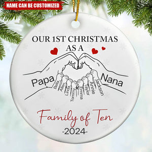 First Christmas As A Family Of Three Hand Heart - Personalized Circle Ceramic Ornament