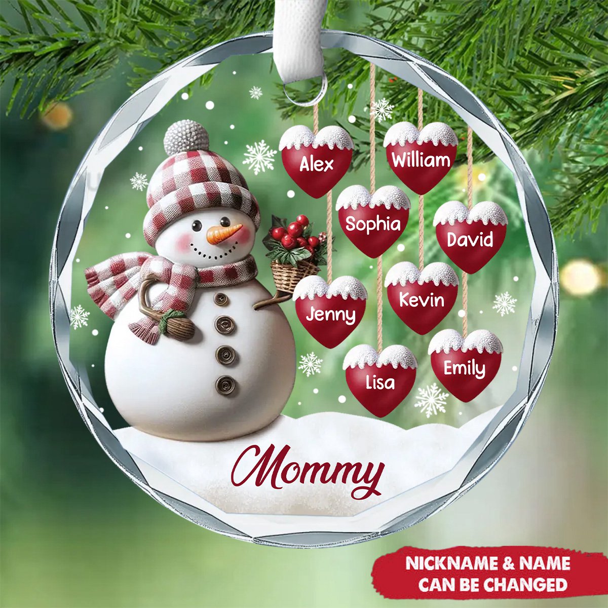 Snowman Grandma Mom Hanging Sweet Heart Kids - Family Personalized Custom Circle Glass Ornament