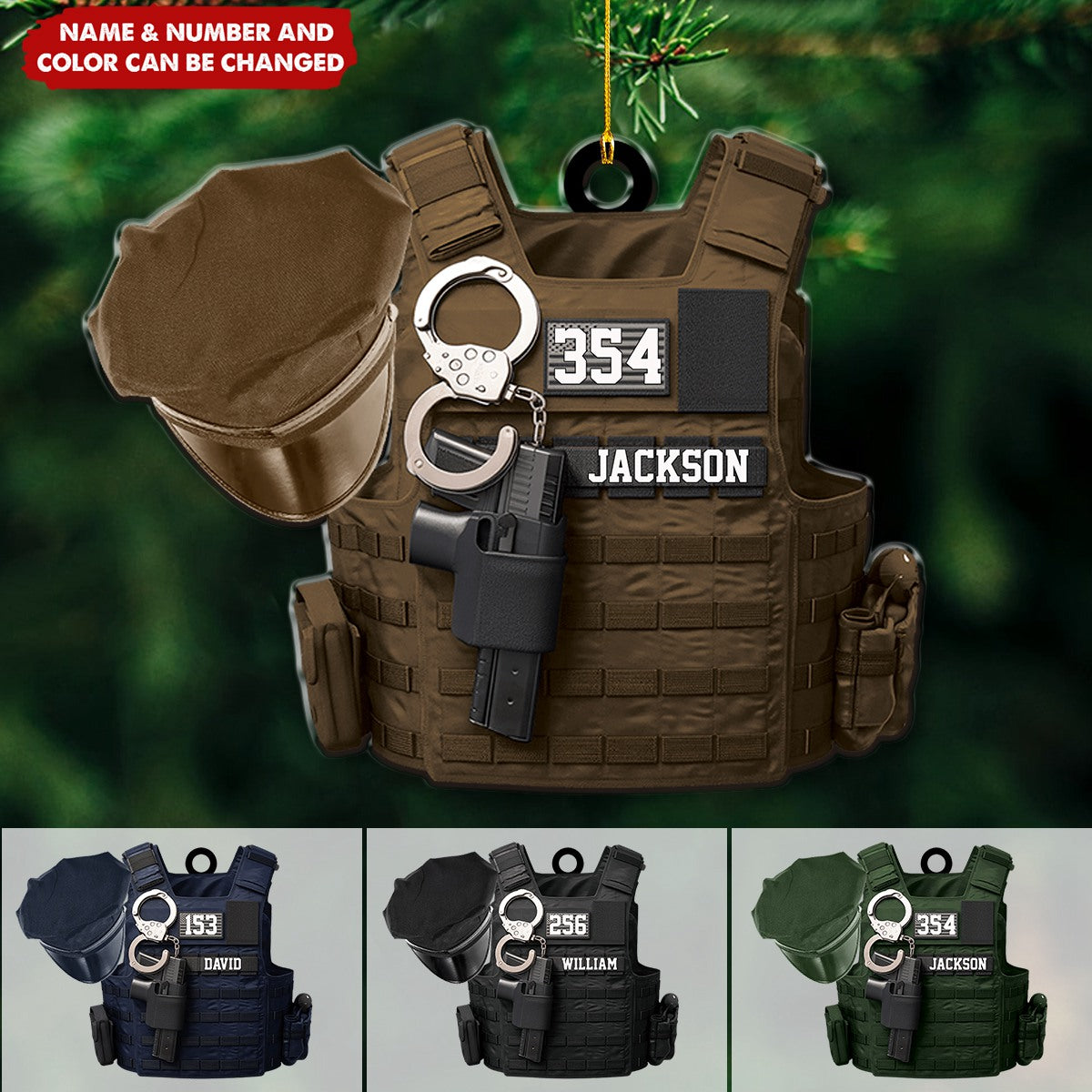 Police Bulletproof Vest With Service Cap Personalized Christmas Ornament