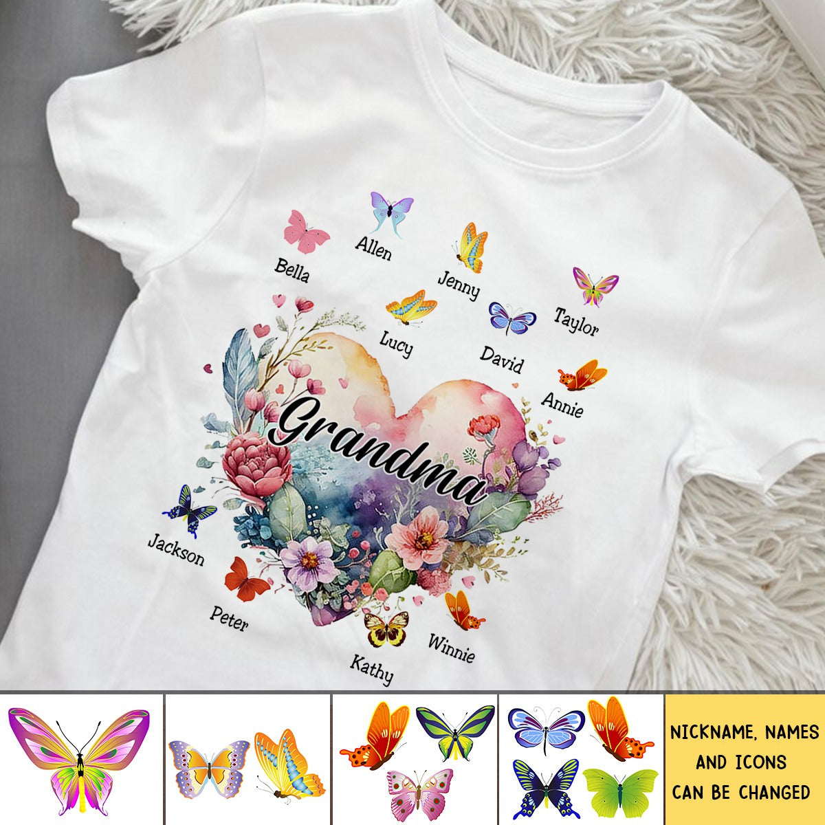 Heart Floral With Little Butterflies Personalized T-Shirt, Gift For Grandma Mom