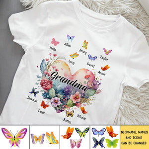 Heart Floral With Little Butterflies Personalized T-Shirt, Gift For Grandma Mom