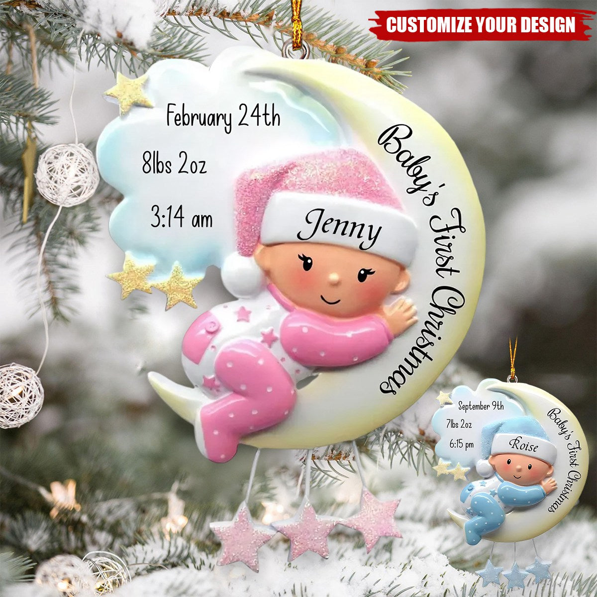 Baby Sleeping On Moon Personalized Poly Resin Christmas Ornament