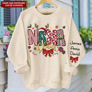 Personalized Christmas Nana Claus Sweatshirt, Custom Mama Claus Christmas Tree Cake Coquette Bow Candy Cane Santa Hot Cocoa Sweatshirt