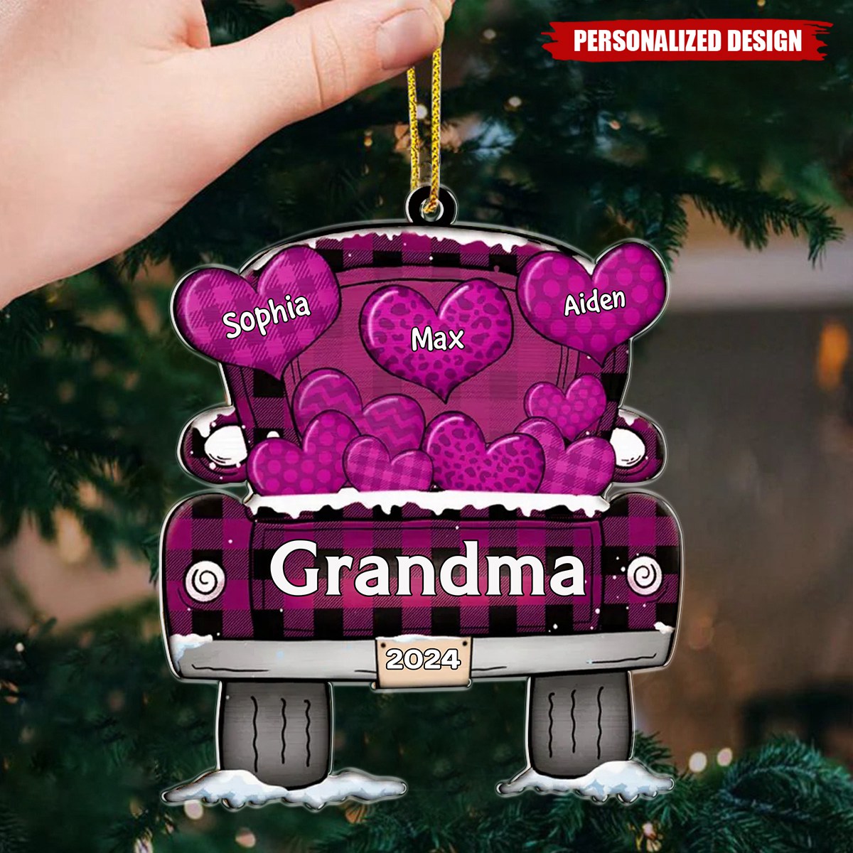 Mom Dad Grandma Grandpa Truck Loading Hearts - Personalized Wooden Cutout Ornament