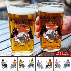 Husband And Wife Camping Partners For Life - Personalized Beer Glass