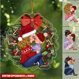 Grandma Mom Hugging Kid Sitting On Christmas Wreath Personalized Acrylic Ornament