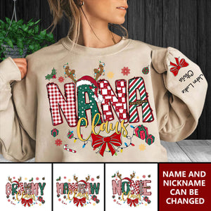 Personalized Christmas Nana Claus Sweatshirt, Custom Mama Claus Christmas Tree Cake Coquette Bow Candy Cane Santa Hot Cocoa Sweatshirt