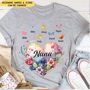 Heart Floral With Little Butterflies Personalized T-Shirt, Gift For Grandma Mom