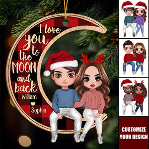 Couple Sitting On Moon Christmas Personalized Wooden Ornament