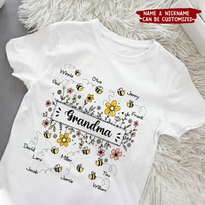 Grandma Flower Bee And Grandkids Personalized T-shirt