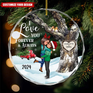 Couple Hugging Kissing Carved Heart Tree - Personalized Glass Ornament, Christmas Gift For Him, For Her