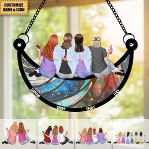 Friends, Sisters Sitting On The Moon - Personalized Window Hanging Suncatcher Ornament