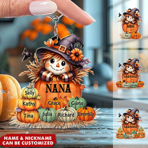 Grandma's Little Pumpkins - Scarecrow Grandma With Pumpkin Kid Names Personalized Keychain