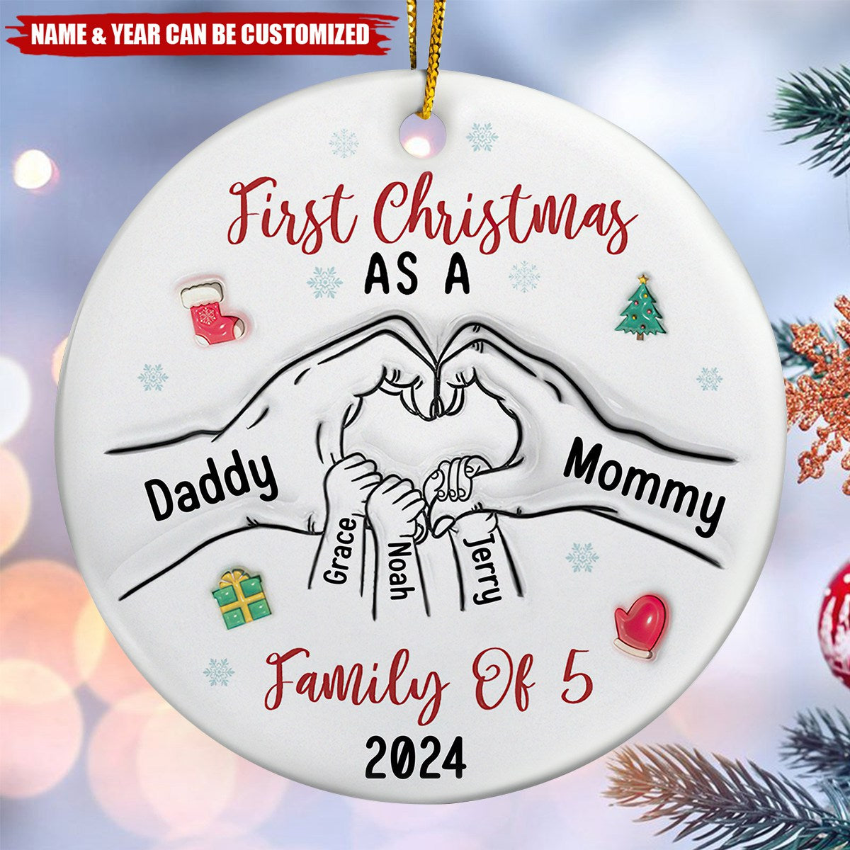 First Christmas As A Family As Three - 3D Inflated Effect Printed Ornament, Personalized Circle Ceramic Ornament