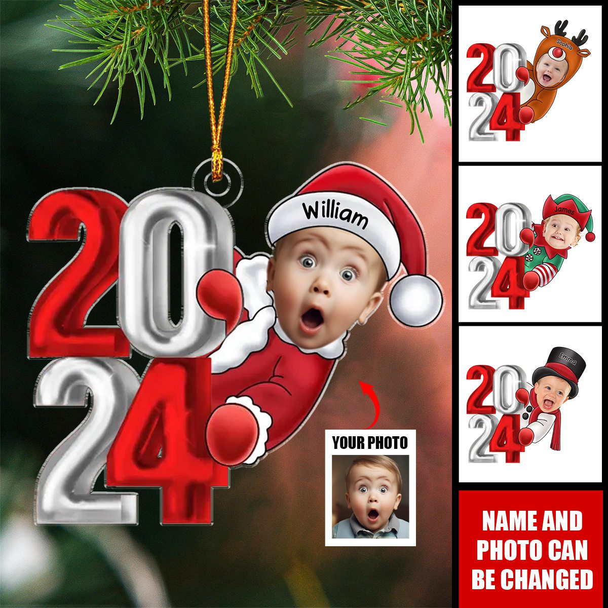 Personalized 2024 New Release Custom Photo Christmas Santa Kid, Gift For Grandkids Ornament