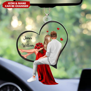 Couple Sitting On Heart Personalized Acrylic Car Ornament - Valentine's Day, Anniversary Gift for Couples