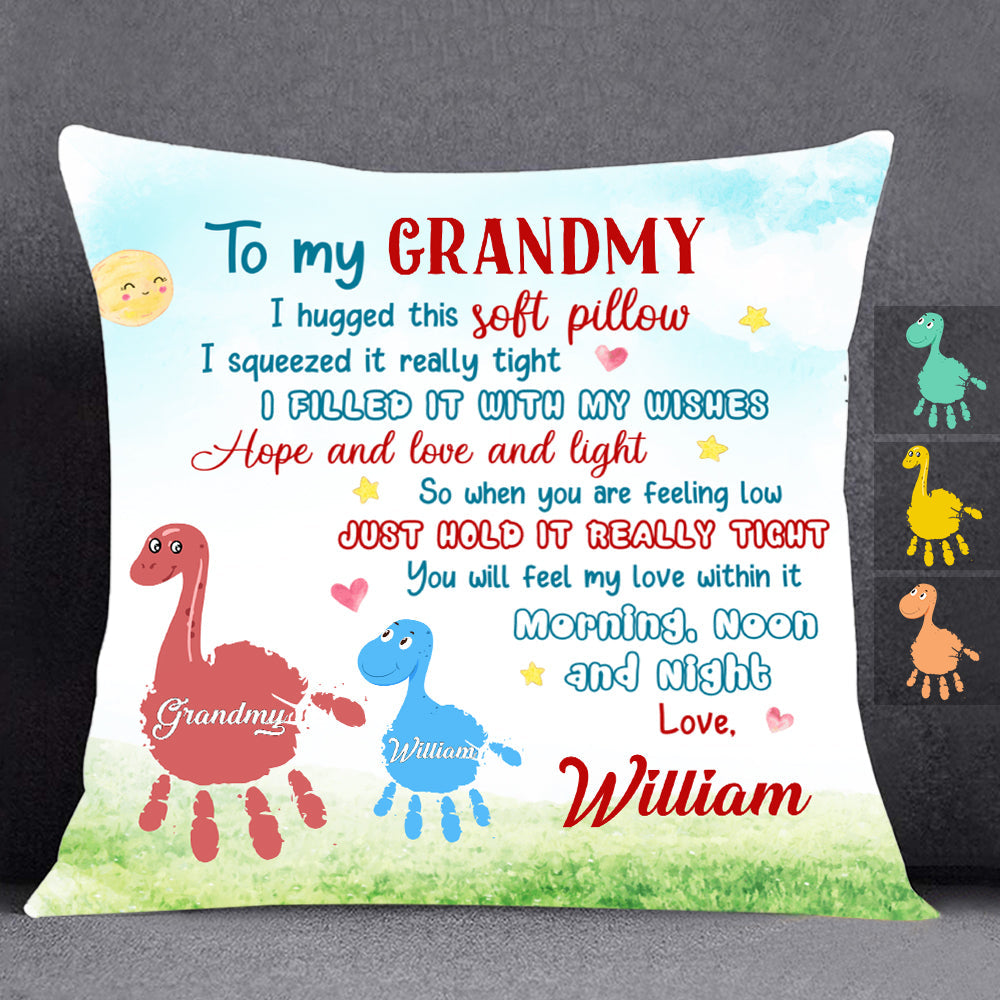 Grandma Mom From Grandkid Cute Handprint Dinosaur Personalized Pillow