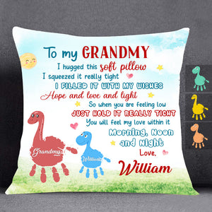 Grandma Mom From Grandkid Cute Handprint Dinosaur Personalized Pillow