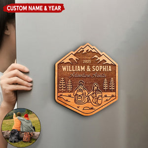 Hiking Couple Adventure Awaits Personalized Wooden Magnet Decal, Gift For Backpackers Camper