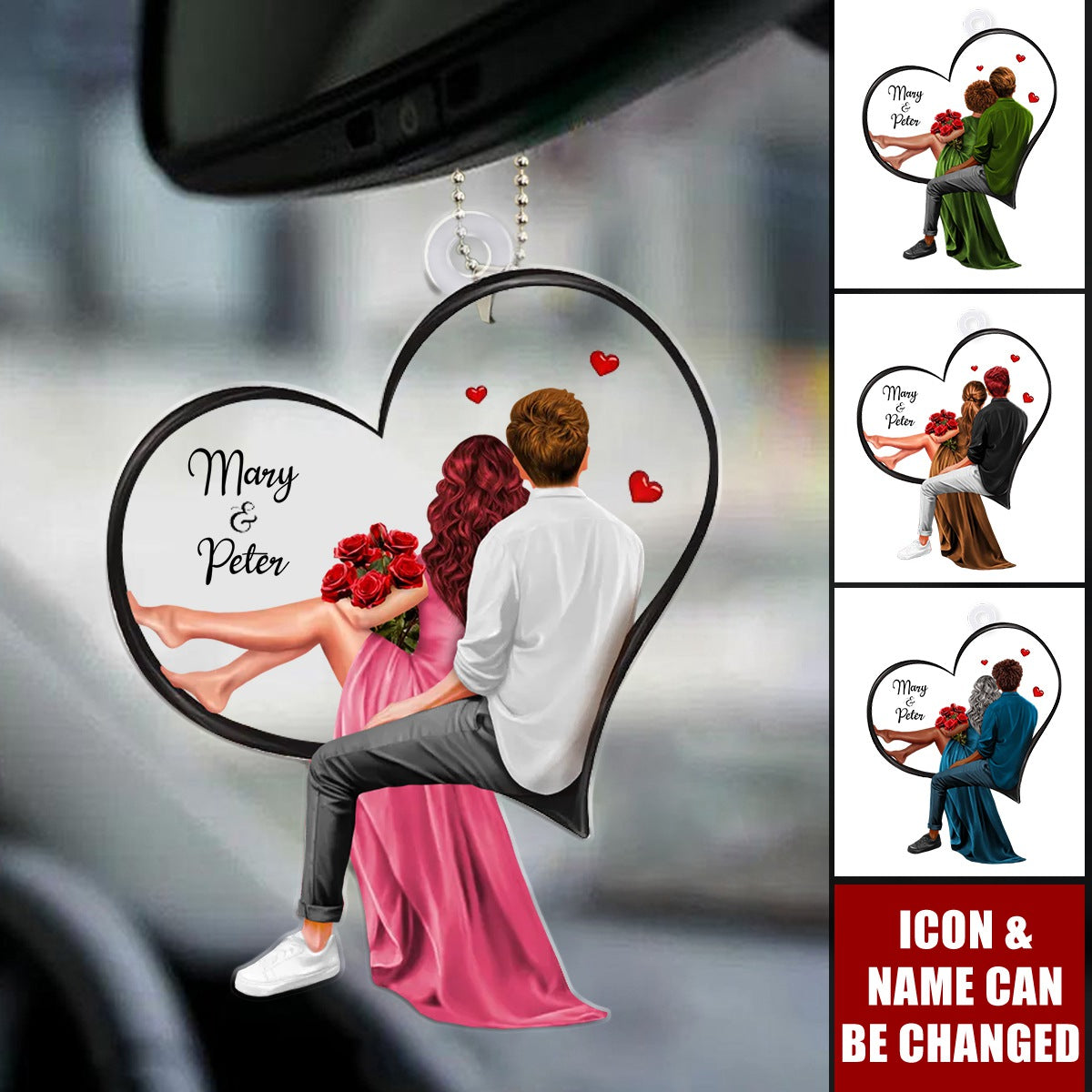 Couple Sitting On Heart Personalized Acrylic Car Ornament - Valentine's Day, Anniversary Gift for Couples