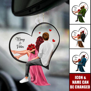 Couple Sitting On Heart Personalized Acrylic Car Ornament - Valentine's Day, Anniversary Gift for Couples