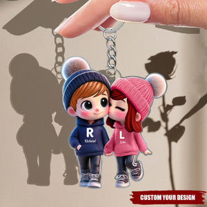 Custom Couple Keychain - Cute Cartoon Pair Walking Personalized Acrylic Charm with Names, Engraved Keepsake for Anniversary Wedding Dating