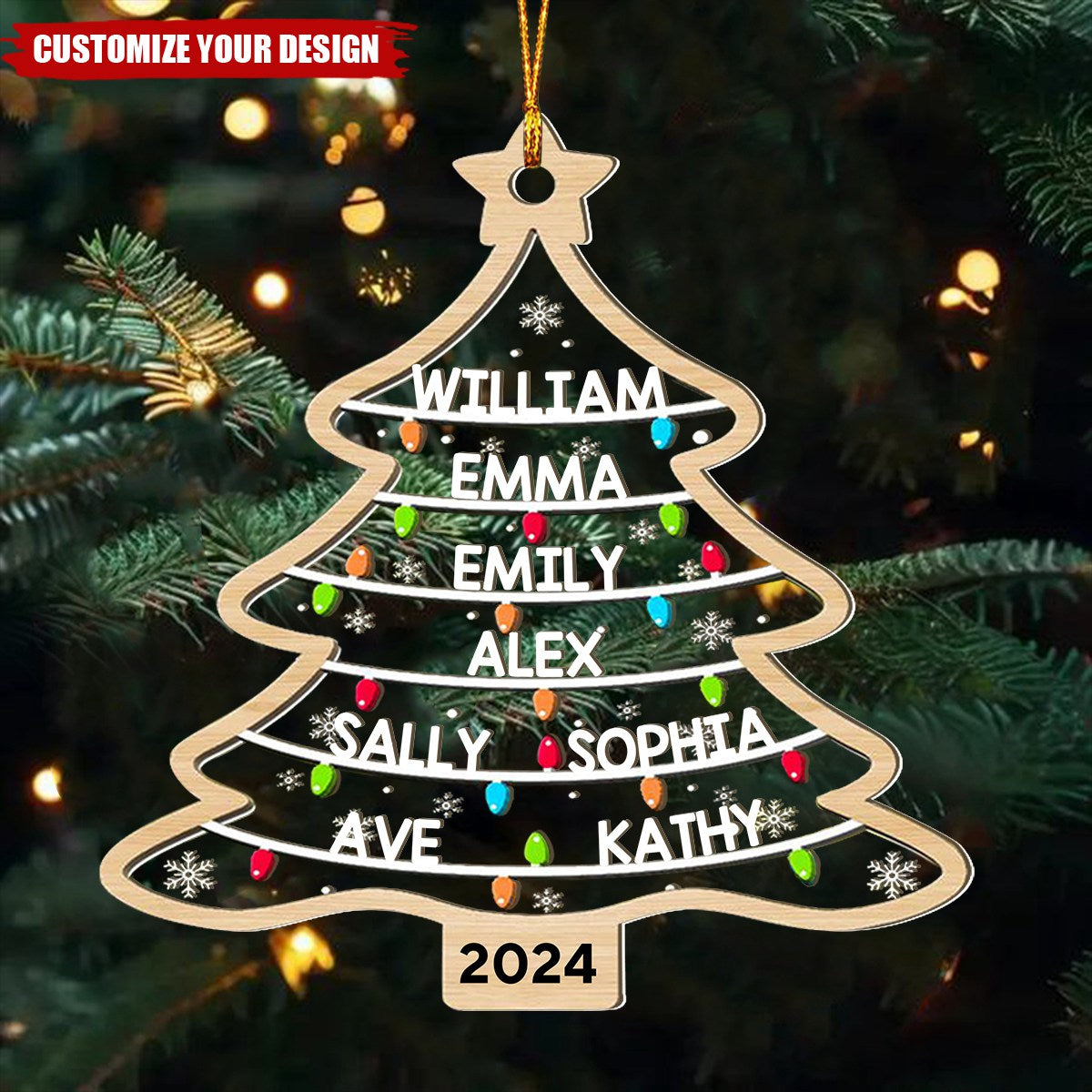 Custom Family Names Christmas Tree - Personalized Wood And Acrylic Ornament