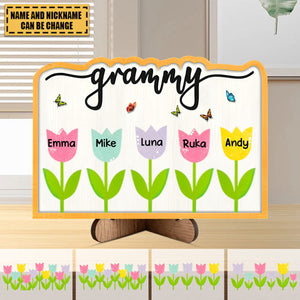 Sweet Grandma Mom Loves Colorful Tulip Kids Personalized 2 Layers Wooden Plaque