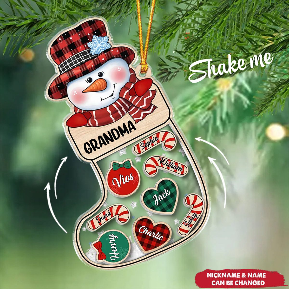 Grandma Snowman Kids In Christmas Socks Personalized Shaker Ornament