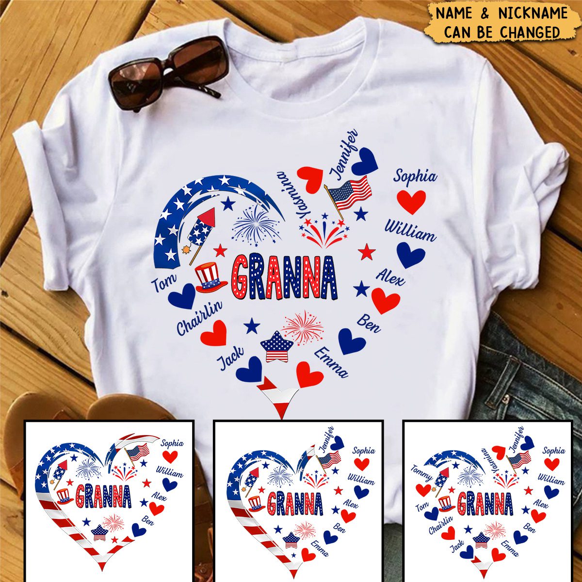 4th of July Nana Grandma Mom Gigi Kids Heart In Heart Personalized T-shirt