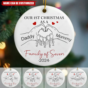 First Christmas As A Family Of Three Hand Heart - Personalized Circle Ceramic Ornament