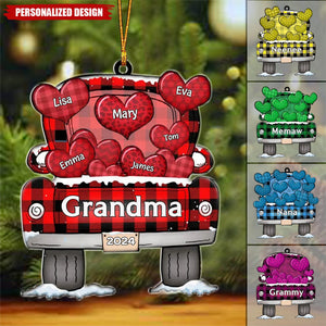 Mom Dad Grandma Grandpa Truck Loading Hearts - Personalized Wooden Cutout Ornament