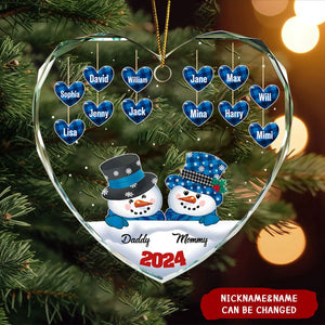 Papa Nana Snowman Christmas Grandparents - Personalized Heart Shaped Glass Ornament