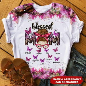 Blessed Mom Pink Leopard Messy Bun With Butterfly Kids Personalized 3D T-shirt