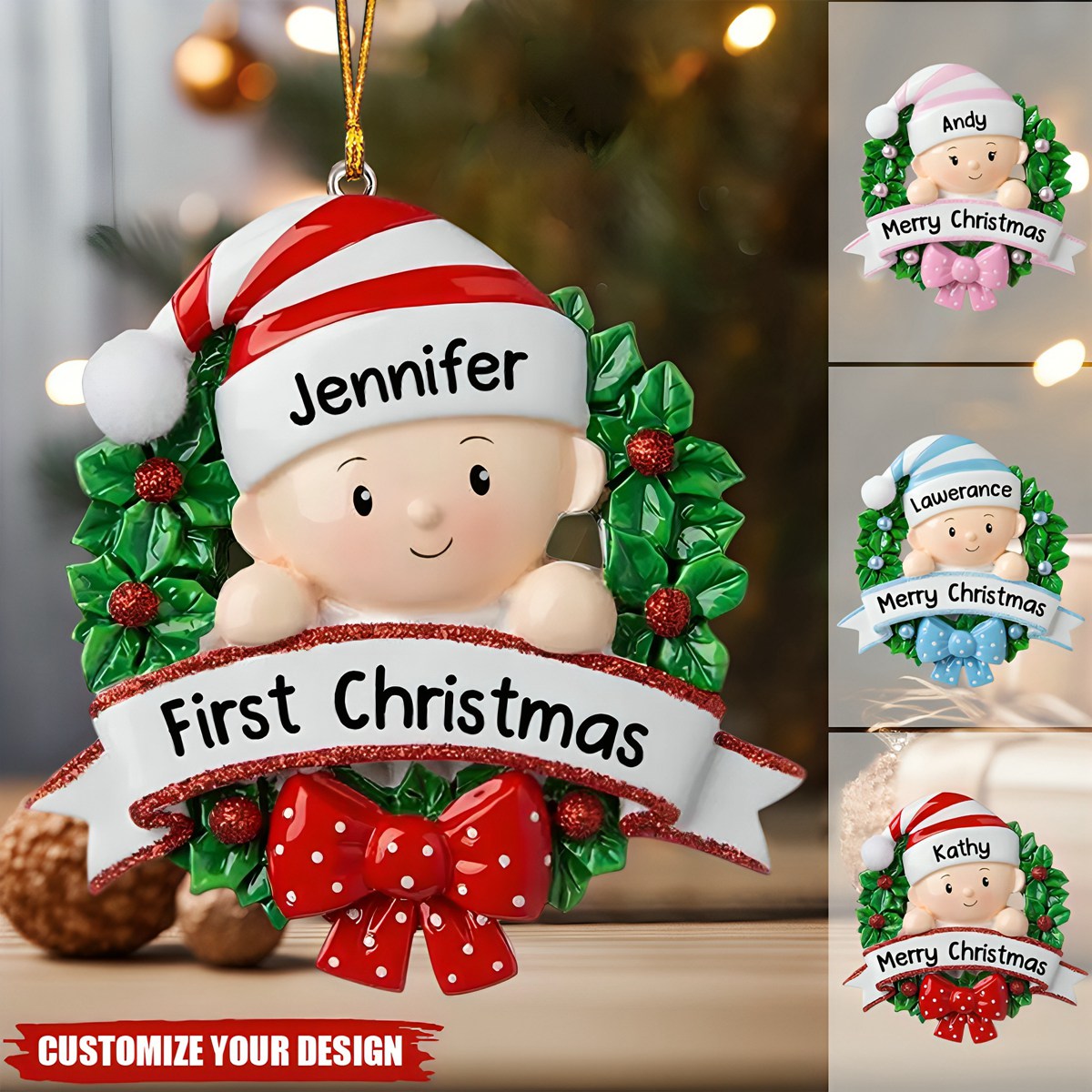 Lovely Baby On Christmas Wreath Personalized Resin Christmas Ornament