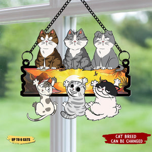 Funny Cats Hanging On Acrylic Sign - Personalized Window Hanging Suncatcher Ornament